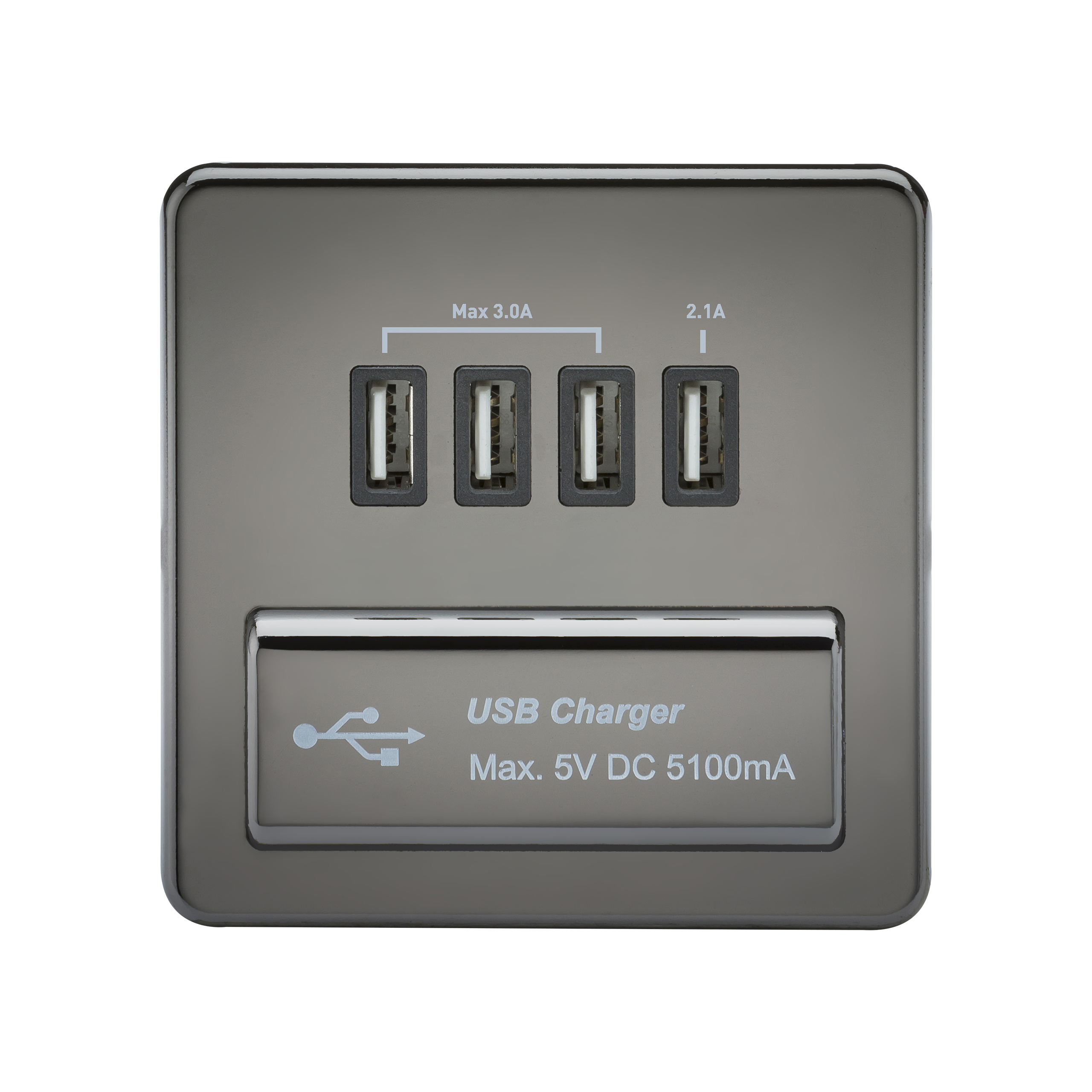 Sans Vis Quatre Chargeur USB Prise (5.1A) - Nickel Noir Avec Insert Noir - Afbeelding 1 van 1